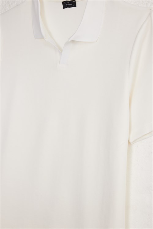 Erkek Slim Fit Dar Kesim Pamuklu Kısa Kollu Çizgili Ekru Polo V Yaka Tişört