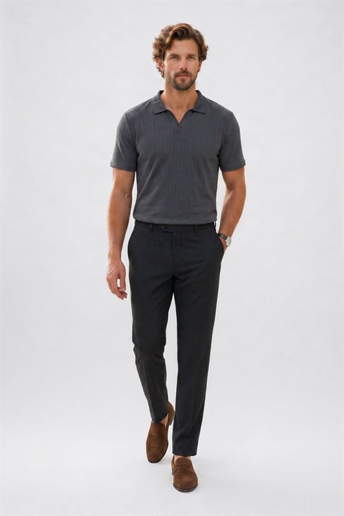 Erkek Slim Fit Dar Kesim Pamuklu Kısa Kollu Çizgili Antrasit Polo V Yaka Tişört