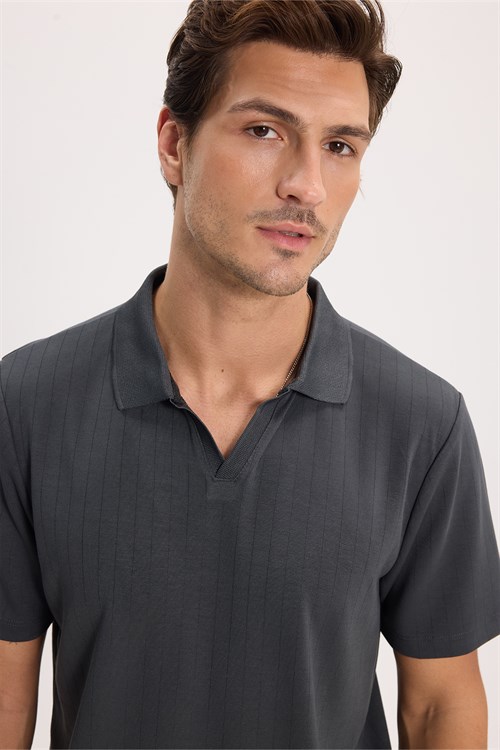 Erkek Slim Fit Dar Kesim Pamuklu Kısa Kollu Çizgili Antrasit Polo V Yaka Tişört