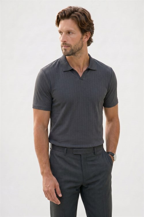Erkek Slim Fit Dar Kesim Pamuklu Kısa Kollu Çizgili Antrasit Polo V Yaka Tişört
