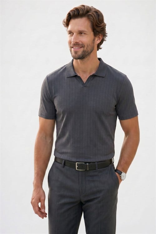 Erkek Slim Fit Dar Kesim Pamuklu Kısa Kollu Çizgili Antrasit Polo V Yaka Tişört