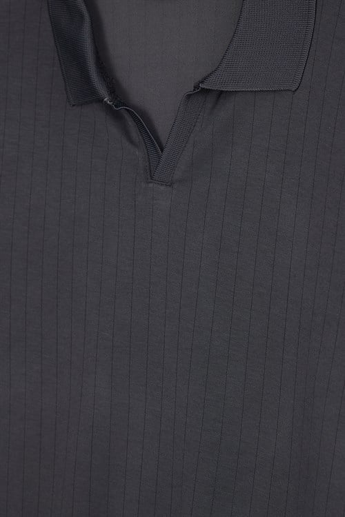 Erkek Slim Fit Dar Kesim Pamuklu Kısa Kollu Çizgili Antrasit Polo V Yaka Tişört