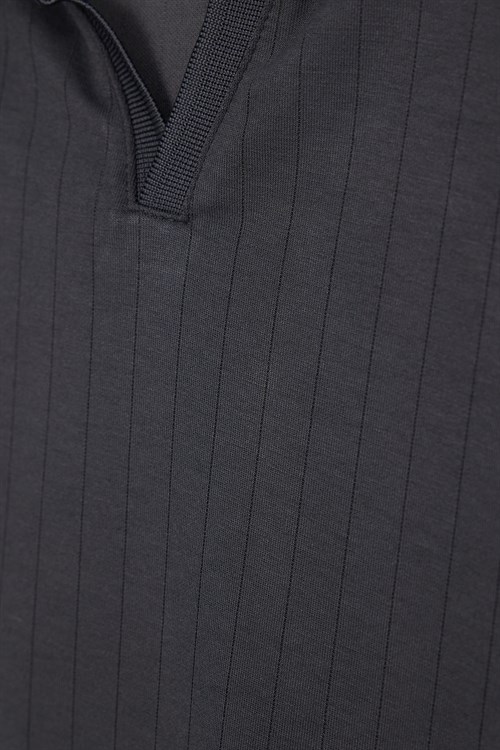 Erkek Slim Fit Dar Kesim Pamuklu Kısa Kollu Çizgili Antrasit Polo V Yaka Tişört