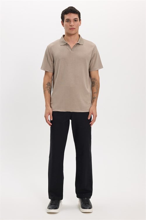 Erkek Slim Fit Dar Kesim Pamuklu Kısa Kollu Çizgili Vizon Polo V Yaka Tişört