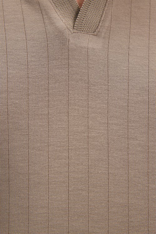 Erkek Slim Fit Dar Kesim Pamuklu Kısa Kollu Çizgili Vizon Polo V Yaka Tişört
