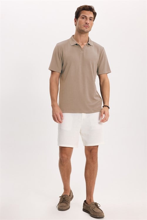 Erkek Slim Fit Dar Kesim Pamuklu Kısa Kollu Çizgili Vizon Polo V Yaka Tişört