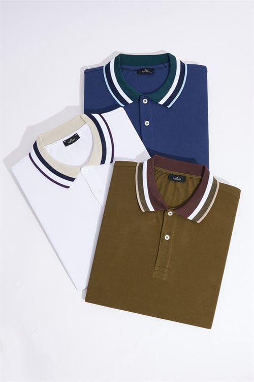 Erkek 3lü Paket Kahverengi-Lacivert-Beyaz Slim Fit Dar Kesim %100 Pamuk Düz Pike Polo Yaka Tişört