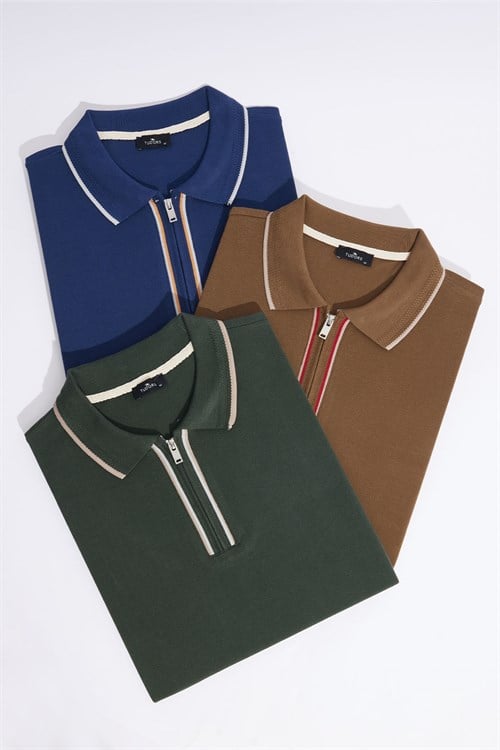 Erkek 3lü Paket Kahverengi-Lacivert-Yeşil Slim Fit %100 Pamuk Yarım Fermuarlı Polo Yaka Tişört