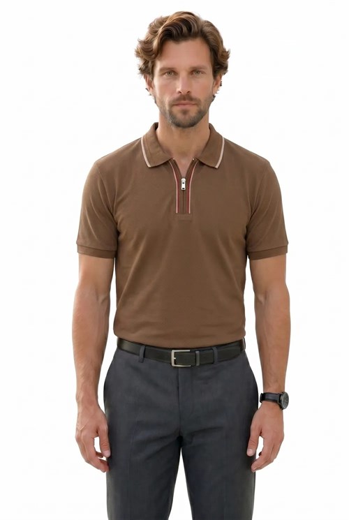 Erkek 3lü Paket Kahverengi-Lacivert-Yeşil Slim Fit %100 Pamuk Yarım Fermuarlı Polo Yaka Tişört