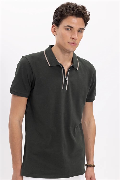 Erkek 3lü Paket Kahverengi-Lacivert-Yeşil Slim Fit %100 Pamuk Yarım Fermuarlı Polo Yaka Tişört