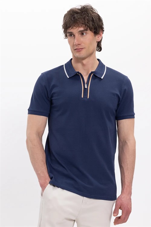Erkek 3lü Paket Kahverengi-Lacivert-Yeşil Slim Fit %100 Pamuk Yarım Fermuarlı Polo Yaka Tişört