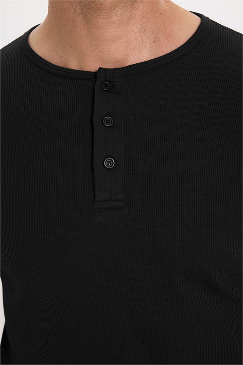Erkek Standart Fit Normal Kesim Uzun Kollu Pamuklu Siyah Düğmeli Henley Yaka Sweatshirt