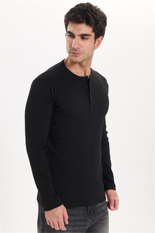 Erkek Standart Fit Normal Kesim Uzun Kollu Pamuklu Siyah Düğmeli Henley Yaka Sweatshirt
