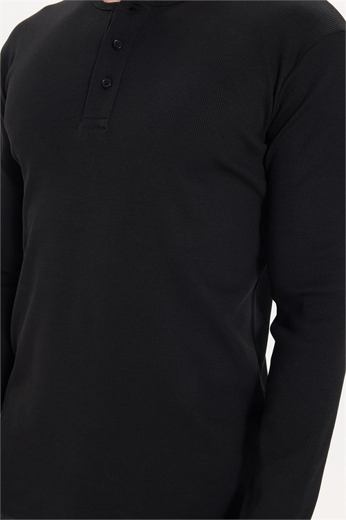 Erkek Standart Fit Normal Kesim Uzun Kollu Pamuklu Siyah Düğmeli Henley Yaka Sweatshirt