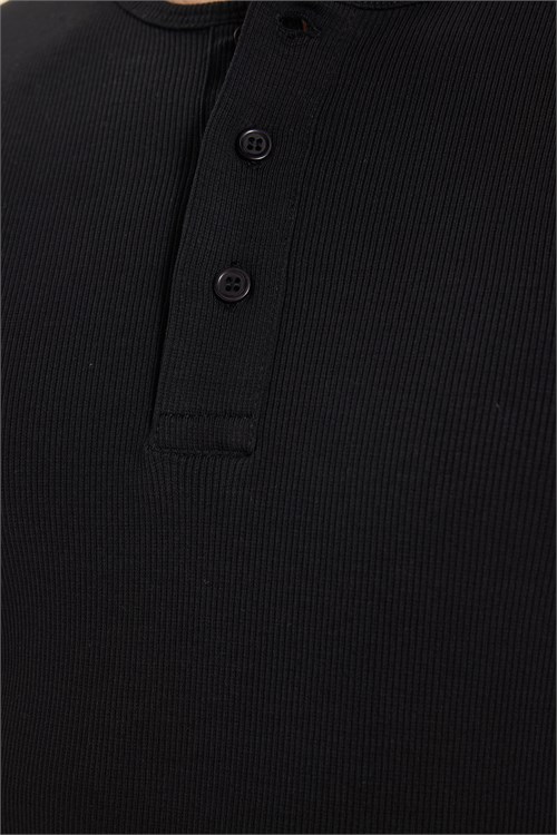 Erkek Standart Fit Normal Kesim Uzun Kollu Pamuklu Siyah Düğmeli Henley Yaka Sweatshirt