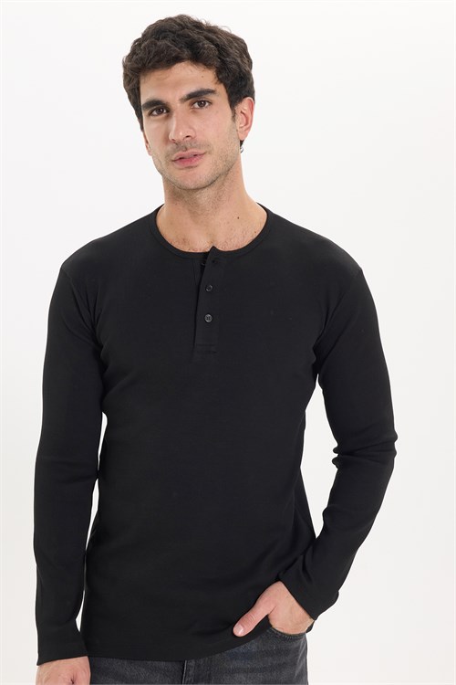 Erkek Standart Fit Normal Kesim Uzun Kollu Pamuklu Siyah Düğmeli Henley Yaka Sweatshirt
