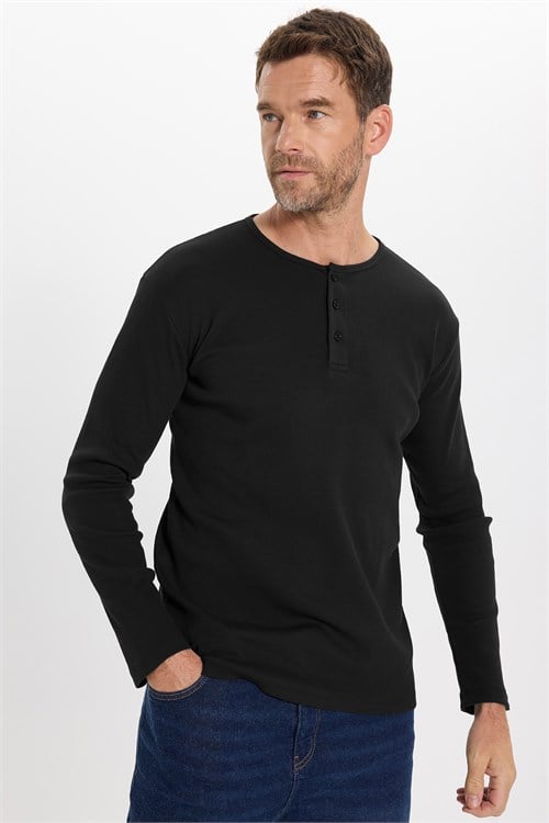 Erkek Standart Fit Normal Kesim Uzun Kollu Pamuklu Siyah Düğmeli Henley Yaka Sweatshirt