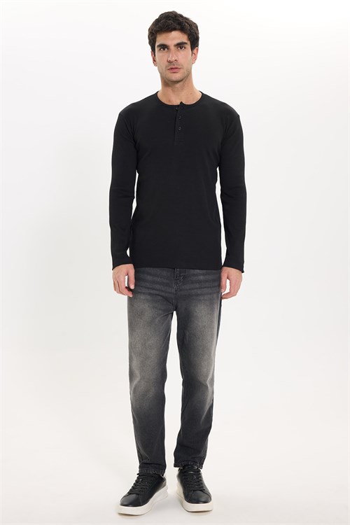 Erkek Standart Fit Normal Kesim Uzun Kollu Pamuklu Siyah Düğmeli Henley Yaka Sweatshirt