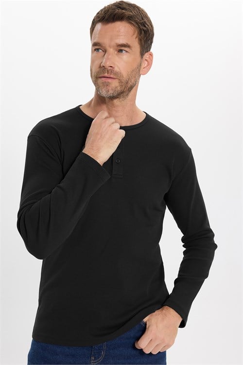 Erkek Standart Fit Normal Kesim Uzun Kollu Pamuklu Siyah Düğmeli Henley Yaka Sweatshirt