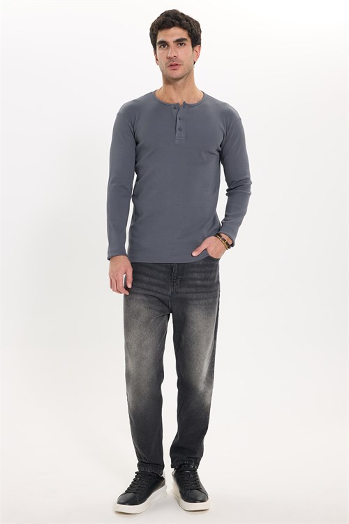 Erkek Standart Fit Normal Kesim Uzun Kollu Pamuklu Gri Düğmeli Henley Yaka Sweatshirt