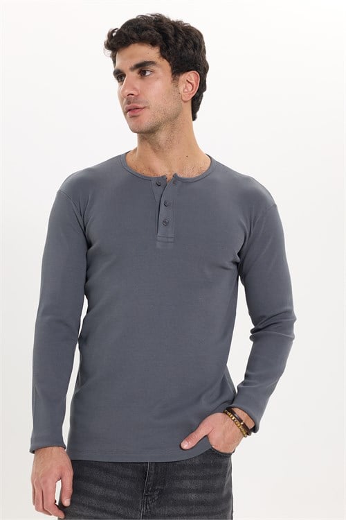 Erkek Standart Fit Normal Kesim Uzun Kollu Pamuklu Gri Düğmeli Henley Yaka Sweatshirt