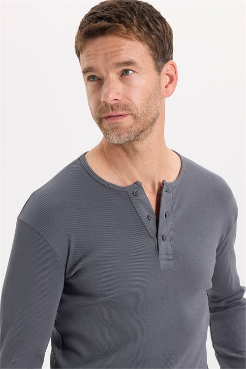 Erkek Standart Fit Normal Kesim Uzun Kollu Pamuklu Gri Düğmeli Henley Yaka Sweatshirt