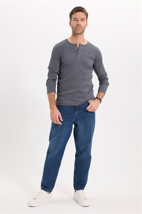 Erkek Standart Fit Normal Kesim Uzun Kollu Pamuklu Gri Düğmeli Henley Yaka Sweatshirt