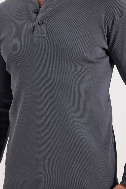Erkek Standart Fit Normal Kesim Uzun Kollu Pamuklu Gri Düğmeli Henley Yaka Sweatshirt