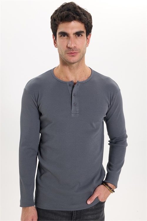 Erkek Standart Fit Normal Kesim Uzun Kollu Pamuklu Gri Düğmeli Henley Yaka Sweatshirt