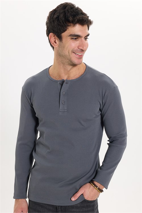 Erkek Standart Fit Normal Kesim Uzun Kollu Pamuklu Gri Düğmeli Henley Yaka Sweatshirt