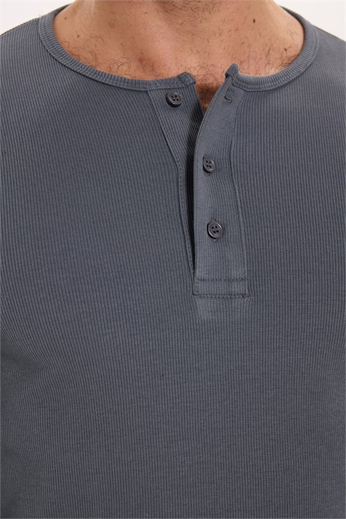 Erkek Standart Fit Normal Kesim Uzun Kollu Pamuklu Gri Düğmeli Henley Yaka Sweatshirt