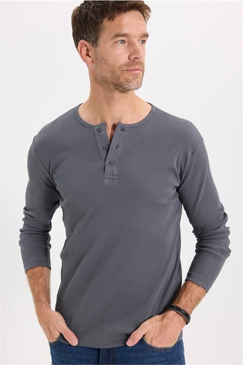 Erkek Standart Fit Normal Kesim Uzun Kollu Pamuklu Gri Düğmeli Henley Yaka Sweatshirt