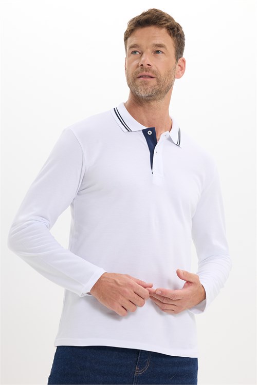 Erkek Slim Fit Dar Kesim %100 Pamuk Uzun Kollu Beyaz Polo Yaka Tişört