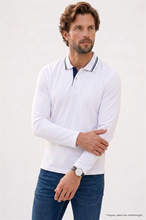 Erkek Slim Fit Dar Kesim %100 Pamuk Uzun Kollu Beyaz Polo Yaka Tişört