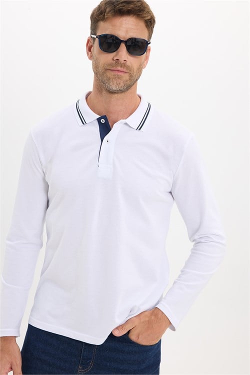 Erkek Slim Fit Dar Kesim %100 Pamuk Uzun Kollu Beyaz Polo Yaka Tişört