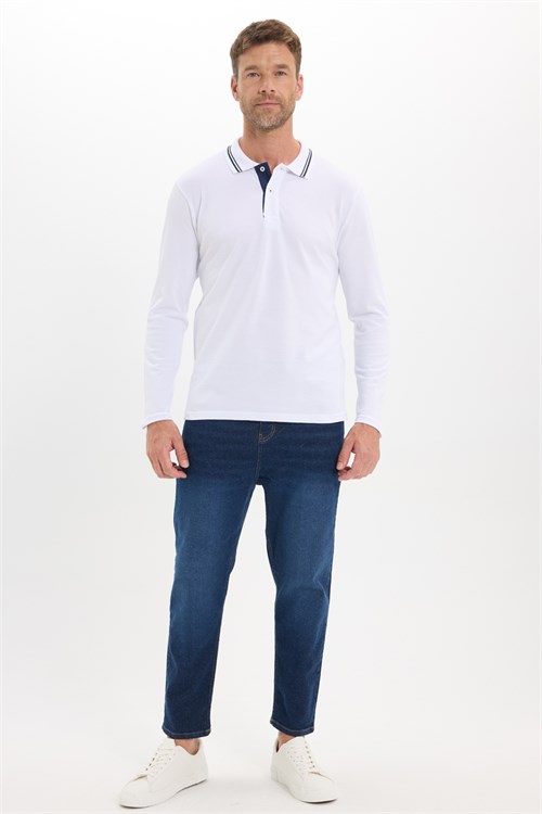 Erkek Slim Fit Dar Kesim %100 Pamuk Uzun Kollu Beyaz Polo Yaka Tişört