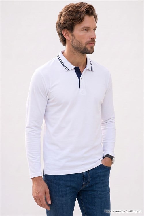 Erkek Slim Fit Dar Kesim %100 Pamuk Uzun Kollu Beyaz Polo Yaka Tişört