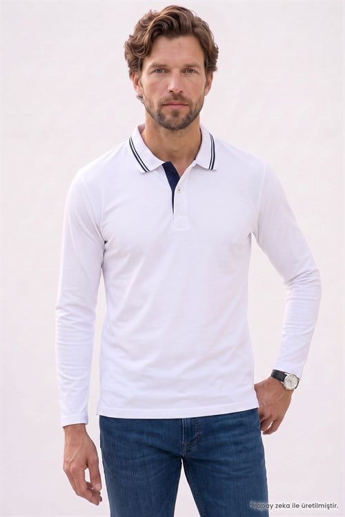 Erkek Slim Fit Dar Kesim %100 Pamuk Uzun Kollu Beyaz Polo Yaka Tişört