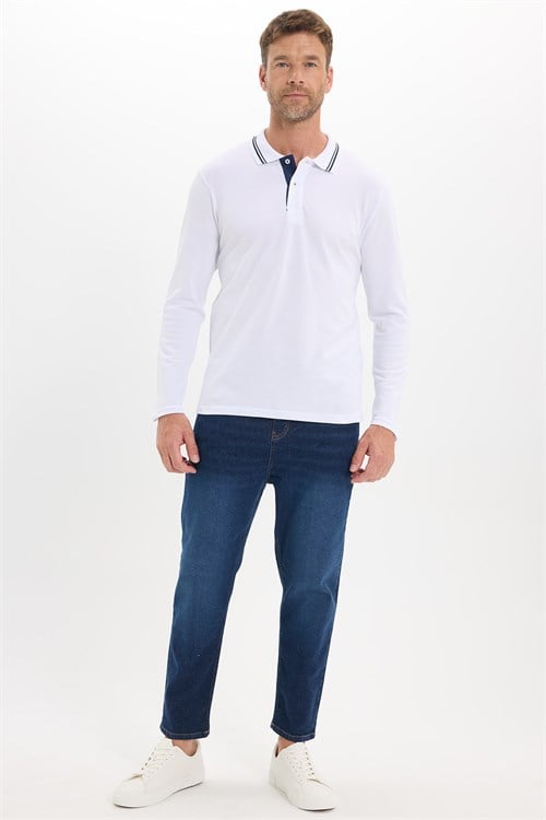 Erkek Slim Fit Dar Kesim %100 Pamuk Uzun Kollu Beyaz Polo Yaka Tişört