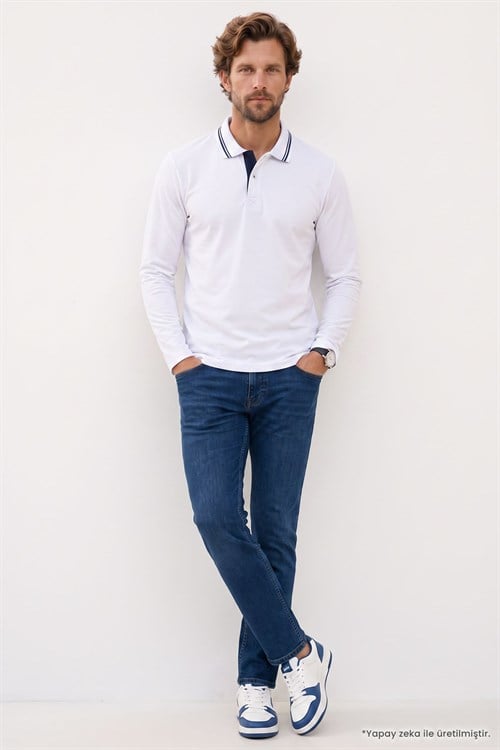 Erkek Slim Fit Dar Kesim %100 Pamuk Uzun Kollu Beyaz Polo Yaka Tişört