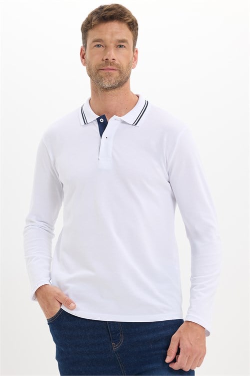 Erkek Slim Fit Dar Kesim %100 Pamuk Uzun Kollu Beyaz Polo Yaka Tişört