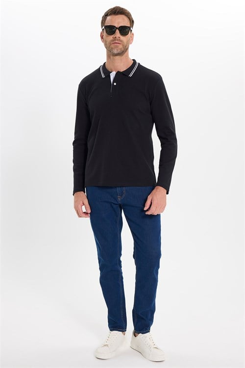 Erkek Slim Fit Dar Kesim %100 Pamuk Uzun Kollu Siyah Polo Yaka Tişört