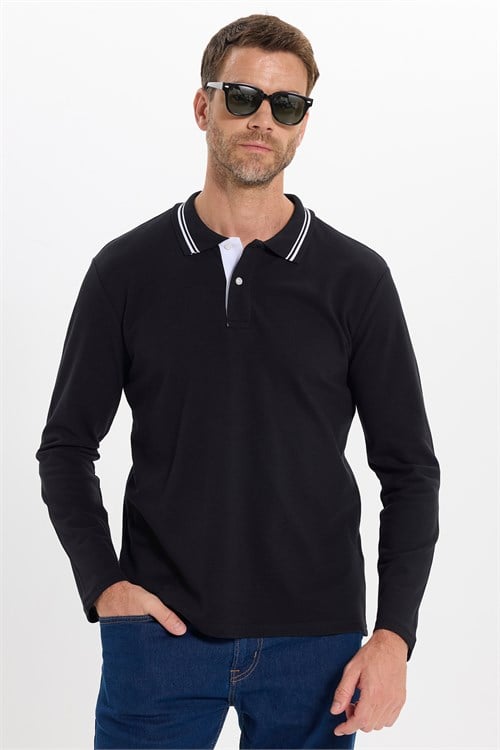 Erkek Slim Fit Dar Kesim %100 Pamuk Uzun Kollu Siyah Polo Yaka Tişört