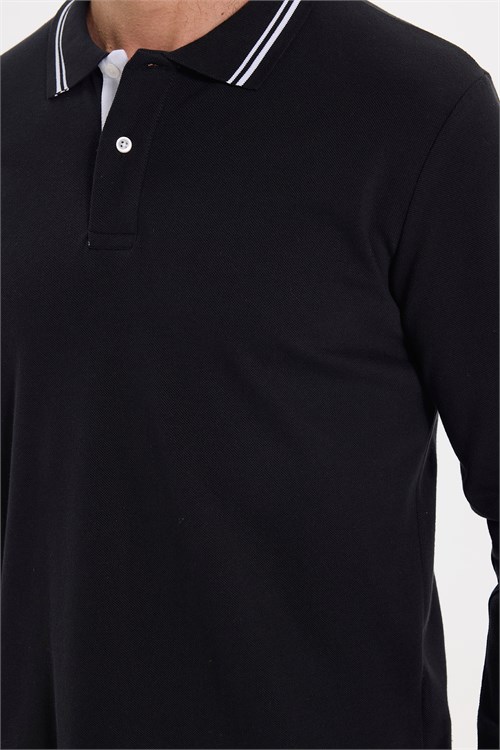 Erkek Slim Fit Dar Kesim %100 Pamuk Uzun Kollu Siyah Polo Yaka Tişört