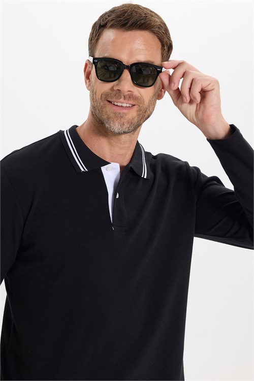 Erkek Slim Fit Dar Kesim %100 Pamuk Uzun Kollu Siyah Polo Yaka Tişört