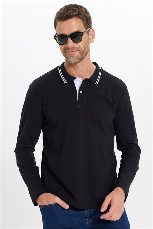 Erkek Slim Fit Dar Kesim %100 Pamuk Uzun Kollu Siyah Polo Yaka Tişört
