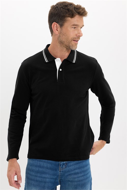 Erkek Slim Fit Dar Kesim %100 Pamuk Uzun Kollu Siyah Polo Yaka Tişört