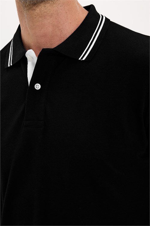 Erkek Slim Fit Dar Kesim %100 Pamuk Uzun Kollu Siyah Polo Yaka Tişört