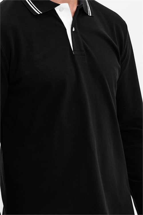 Erkek Slim Fit Dar Kesim %100 Pamuk Uzun Kollu Siyah Polo Yaka Tişört
