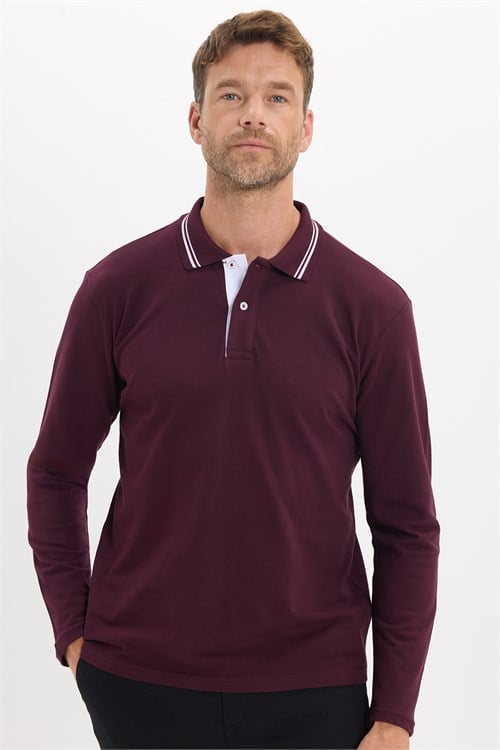 Erkek Slim Fit Dar Kesim %100 Pamuk Uzun Kollu Bordo Polo Yaka Tişört